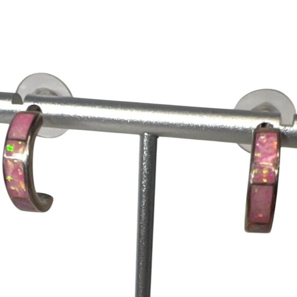 Vtg 90s Silver Pink Lab Opal Inlay Hoop Earrings 925 Huggies Southwestern Artisa - Picture 1 of 9